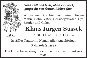 Traueranzeige von Klaus Jürgen Sussek von Super Sonntag Dessau / Köthen