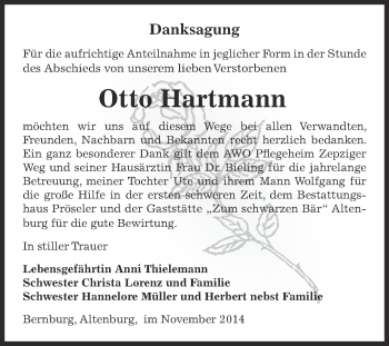 Traueranzeige von Otto Hartmann von Super Sonntag Bernburg
