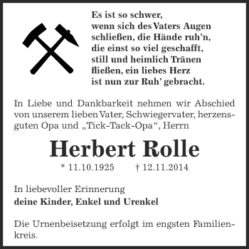 Traueranzeige von Herbert Rolle von Super Sonntag Bernburg