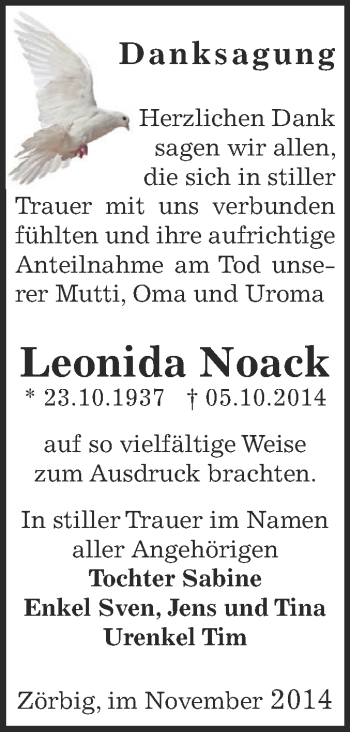Traueranzeige von Leonida Noack von WVG - Wochenspiegel Bitterfeld