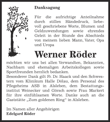 Traueranzeige von Werner Röder von Super Sonntag Bernburg