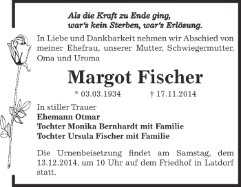 Traueranzeige von Margot Fischer von Super Sonntag Bernburg