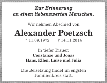 Traueranzeige von Alexander Poetzsch von Super Sonntag Dessau / Köthen