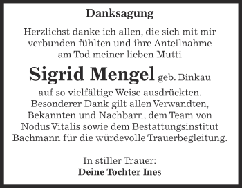 Traueranzeige von Sigrid Mengel von Super Sonntag Dessau / Köthen