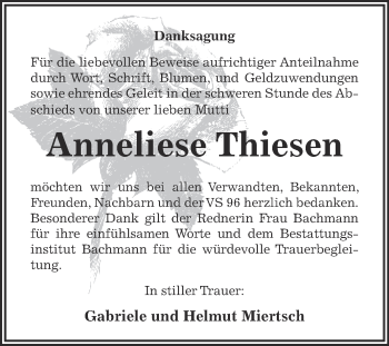 Traueranzeige von Anneliese Thiesen von Super Sonntag Dessau / Köthen