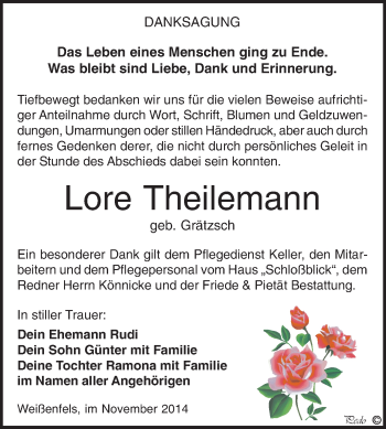 Traueranzeige von Lore Theilemann von WVG - Wochenspiegel NMB / WSF / ZTZ
