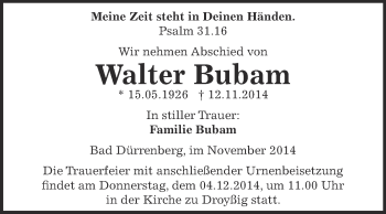 Traueranzeige von Walter Bubam von Super Sonntag Zeitz
