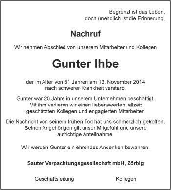 Traueranzeige von Gunter lhbe von WVG - Wochenspiegel Bitterfeld