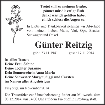Traueranzeige von Günter Reitzig von WVG - Wochenspiegel NMB / WSF / ZTZ