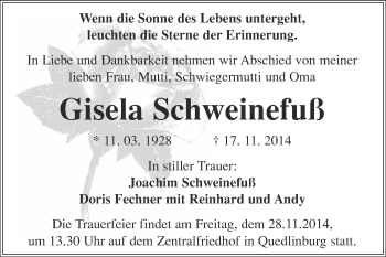 Traueranzeige von Gisela Schweinefuß von Super Sonntag Quedlinburg