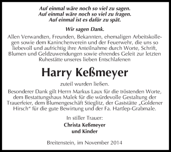 Traueranzeige von Harry Keßmeyer von Super Sonntag Quedlinburg