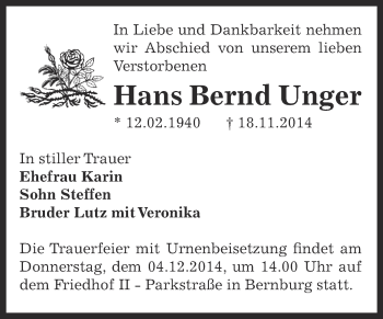 Traueranzeige von Hans Bernd Unger von Super Sonntag Bernburg