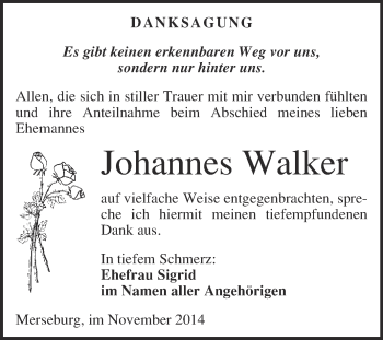 Traueranzeige von Johannes Walker von Super Sonntag Merseburg