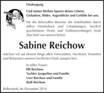 Traueranzeige von Sabine Reichow von Super Sonntag Quedlinburg