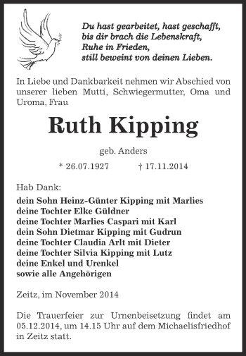 Traueranzeige von Ruth Kipping von Super Sonntag Zeitz