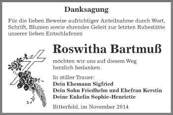 Traueranzeige von Roswitha Bartmuß von WVG - Wochenspiegel Bitterfeld