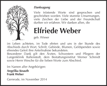 Traueranzeige von Elfriede Weber von Super Sonntag Quedlinburg