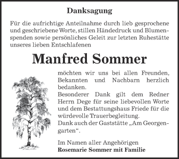 Traueranzeige von Manfred Sommer von Super Sonntag Dessau / Köthen