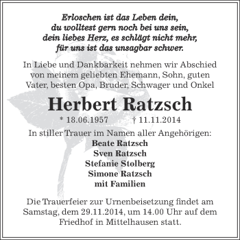 Traueranzeige von Herbert Ratzsch von Super Sonntag SGH Mansf. Land