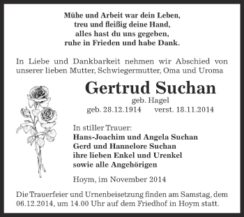Traueranzeige von Gertrud Suchan von WVG - Wochenspiegel Aschersleben