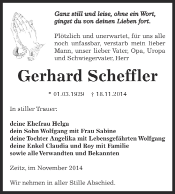 Traueranzeige von Gerhard Scheffler von Super Sonntag Zeitz