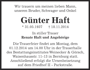 Traueranzeige von Günter Haft von Super Sonntag Bernburg