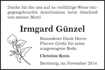 Traueranzeige von Irmgard Günzel von Super Sonntag Bernburg