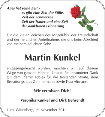 Traueranzeige von Martin Kunkel von Super Sonntag Dessau / Köthen