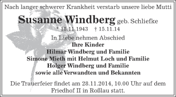 Traueranzeige von Susanne Windberg von Super Sonntag Dessau / Köthen