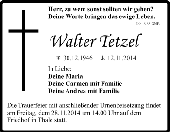 Traueranzeige von Walter Tetzel von Super Sonntag Quedlinburg