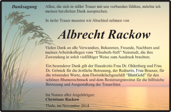 Traueranzeige von Albrecht Rackow von Super Sonntag Quedlinburg