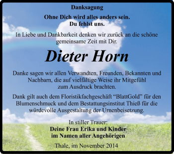 Traueranzeige von Dieter Horn von Super Sonntag Quedlinburg