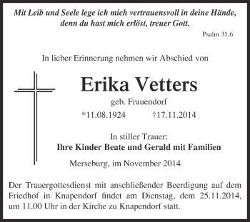 Traueranzeige von Erika Vetters von Super Sonntag Merseburg
