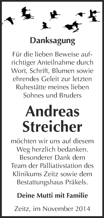 Traueranzeige von Andreas Streicher von Super Sonntag Zeitz