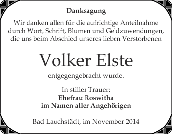 Traueranzeige von Volker Elste von WVG - Wochenspiegel Merseburg