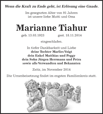 Traueranzeige von Marianne Tiahur von Super Sonntag Zeitz