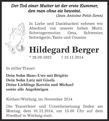 Traueranzeige von Hildegard Berger von Super Sonntag Dessau / Köthen