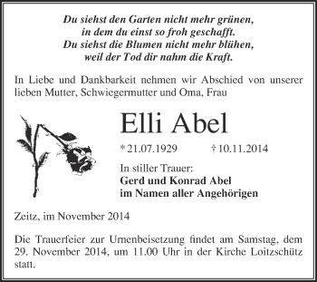 Traueranzeige von Elli Abel von WVG - Wochenspiegel NMB / WSF / ZTZ