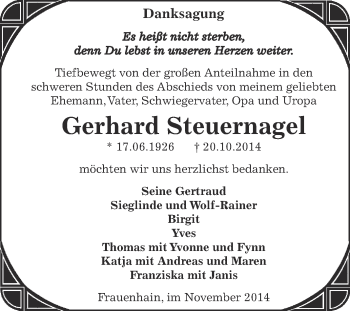 Traueranzeige von Gerhard Steuernagel von Super Sonntag Zeitz