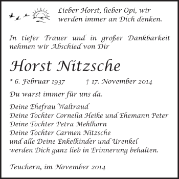 Traueranzeige von Horst Nitzsche von WVG - Wochenspiegel NMB / WSF / ZTZ