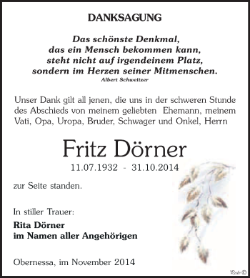 Traueranzeige von Fritz Dörner von WVG - Wochenspiegel NMB / WSF / ZTZ