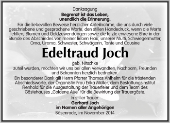 Traueranzeige von Edeltraud Joch von Wochenspiegel Mansfelder Land