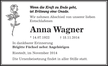 Traueranzeige von Anna Wagner von Super Sonntag SGH Mansf. Land