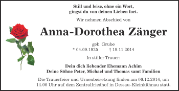 Traueranzeige von Anna-Dorothea Zänger von Super Sonntag Dessau / Köthen