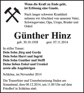 Traueranzeige von Günther Hinz von WVG - Wochenspiegel Wittenberg