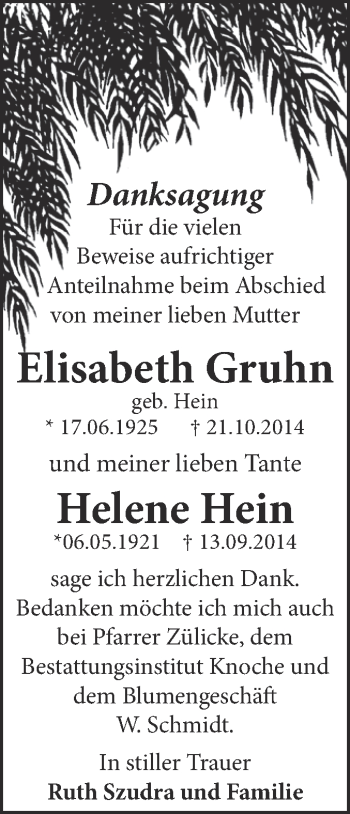 Traueranzeige von Elisabeth Gruhn von Super Sonntag Aschersleben
