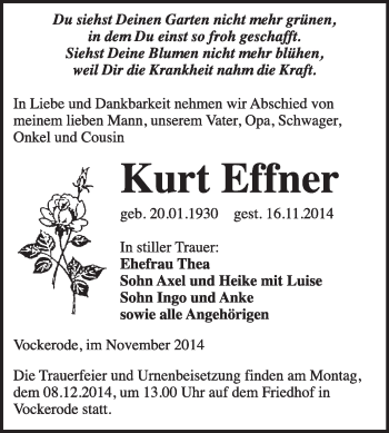 Traueranzeige von Kurt Effner von WVG - Wochenspiegel Wittenberg