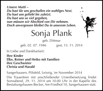 Traueranzeige von Sonja Plank von Super Sonntag SGH Mansf. Land