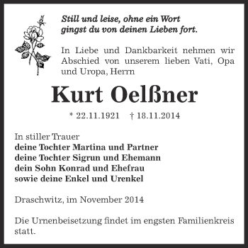 Traueranzeige von Kurt Oelßner von Super Sonntag Zeitz