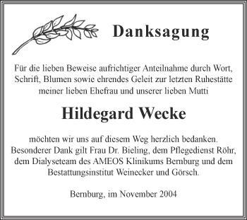 Traueranzeige von Hildegard Wecke von Super Sonntag Bernburg